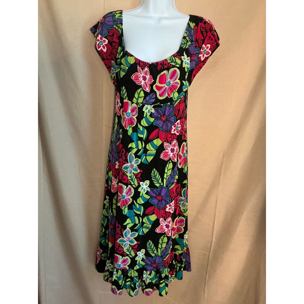 Slinky Brand Floral Midi Dress Womens S Multicolor Excellent Ruffle Hem Stretch
